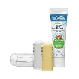 Dr. Brown's 100% Silicone Baby Finger Toothbrush and Toothpaste Set, 2-Pack Toothbrush with Storage Case, Fluoride-Free Strawberry Toddler Toothpaste, Gray & Yellow