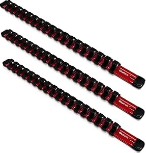 Olsa Tools Aluminum Socket Organizer Kit (3pc Set) | Fits all 3/8-Inch Chrome and Impact Sockets | Fits Deep and Shallow Sockets | Professional Quality Socket Rail (Red)