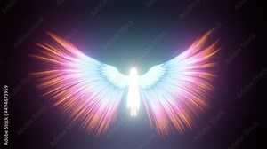 Angel spreading wings. Loop of glowing blue angel flying 3D rendering spiritual animation.