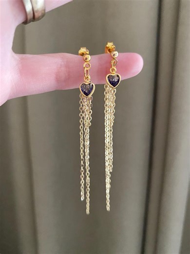 Gold Heart Dangle Chain Earrings, Dainty Front-to-back Long Chain Stud Earring, Purple Heart Charm Studs, Romantic Quiet Luxury Gift for Her - Etsy