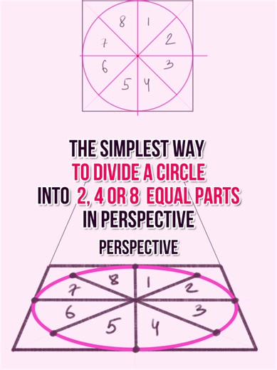 The simplest way to divide an ellipse into equal parts in perspective is to use the middle lines of the boundary box. To find them, draw diagonals from the corners. Send the first middle line to the vanishing point and you get two parts, draw another middle line and you have four. To get eight parts, use the diagonals as well. In the full video on my YouTube I show how to divide an ellipse into 2, 3, 4, 5, 6, 7, 8, 9, 10, 11 and 12 parts in 1 and 2-point perspective. And also draw a spiral stair