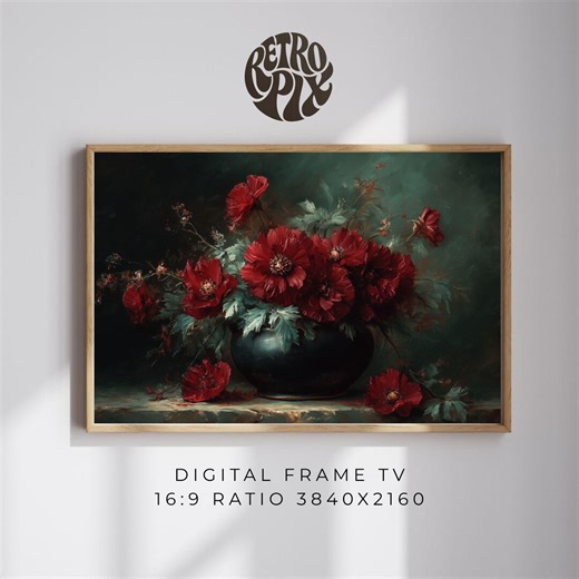 Moody Red Flower Frame TV Art Dark Floral Painting Vintage Still Life Digital Display - Etsy