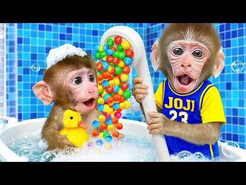 Monyet JoJi mandi di bak mandi permen sihir dan merawat anak bebek dengan jeli | Hewan JOJI Channel