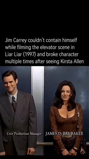History Overdosed on Instagram: "During the filming of Liar Liar in 1997, Jim Carrey was known for his incredible energy and improvisation, but the elevator scene turned out to be a real challenge even for him. In this scene, Carrey had to maintain the serious, frantic demeanor of his character, but when Kirsta Allen, the young actress in the scene, appeared, he couldn’t hold it together. His reactions were completely genuine, breaking character multiple times. Carrey’s laughter and spontaneous