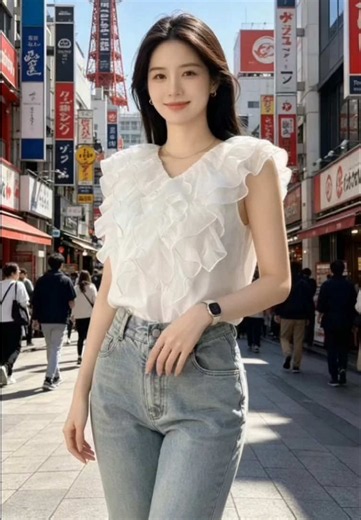 メニーフリルのノースリーブブラウスで作る春夏コーデ｜デニムスカート合わせの着こなし