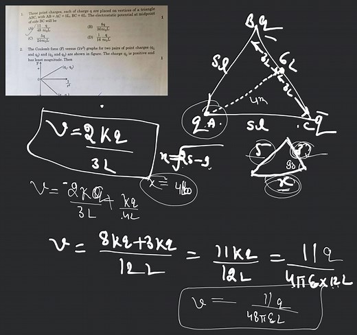 Three point charges, each of charge q are placed on vertices of... | Filo
