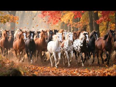Colorful horses are striding through a forest of red maple leaves-horse neighing sounds-horse videos