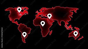 World map travel route location animation on dark background, world map showing the locations of countries Global Business Network.