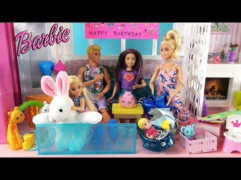 Barbie and Ken in Barbie Dream House Celebrating Baby Birthday w Barbie Sisters and Surprise Gifts