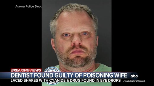 A Colorado dentist who authorities say was secretly and systematically poisoning his wife to death by lacing her shakes with cyanide, has been found guilty of murder in the first degree. Kayna Whitworth reports. https://abcnews.link/hLaw8xQ | ABC World News Tonight with David Muir