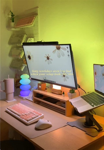 long hours of workdays aren’t so bad when your setup looks like this 🤍 soft lamp glow, gentle keyboard clicks, and a tidy desk make wfh hours feel calmer and more peaceful. everything in its place really helps keep the mind clear and productive. #workfromhome #desksetup #cozyworkspace #wfhsetup #homeoffice 🏷️ cozy desk setup, work from home productivity, faceless desk vlog, mechanical keyboard asmr, peaceful workspace, remote work lifestyle, home office aesthetic, tidy desk inspiration, calmin
