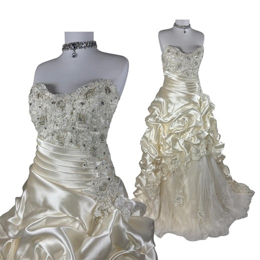 Vintage Ivory Satin Wedding Dress Strapless Beaded Bridal Gown Ruched Ball Gown Fairy Tale Bride Romantic Couture Bridal Dress - Etsy