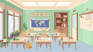 Classroom of school or college interior design, auditorium with desks...