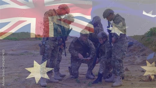 Six soldiers kneeling unfolding map pointing terrain planning mission route with clear flag overlay Stock Video