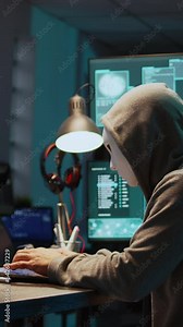 Vertical video: Masked data thief hacking computer network at night, working on laptop and multiple monitors to steal IT information. Hacker with hidden identity, server security breach. Handheld shot