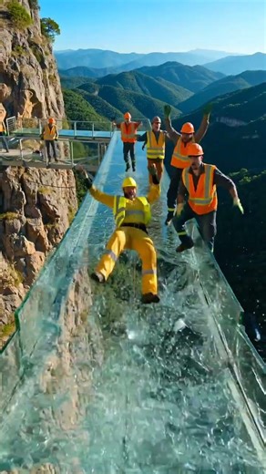 Cgi worker falling through glass bridge over deep canyon.
