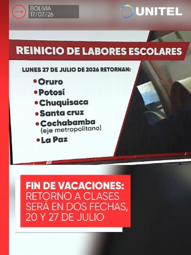 El retorno a clases será diferenciado en el país. Los estudiantes de seis departamentos volverán a las aulas el lunes 27 de julio, mientras que el resto (excepto Beni) este lunes 20. Conoce el calendario programado. 📲 Más información en unitel.bo #Unitel #Sociedad #Bolivia #Estudiantes #Vacación