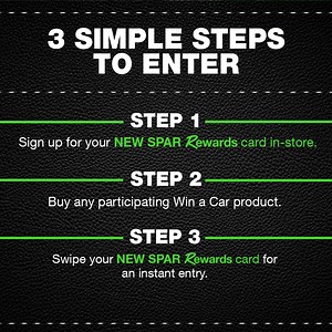Stand a chance to WIN a car at your favourite SPAR between 25 April – 4 June 2023. 1. Sign up for your NEW SPAR Rewards card 2. Buy any participating Win A Car product 3. Swipe your NEW SPAR Rewards card T&Cs apply! Learn more: https://bit.ly/40jINDY #SPARWinACar #SPARRewards | My SPAR