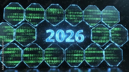 Futuristic 2026 concept with glowing hexagons and binary code animation