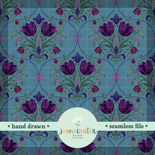 Seamless Tulip Damask Pattern PNG, Vintage Floral Bow Pattern, Feminine Grandmillennial Design, Pink Purple Floral Digital Paper - Etsy