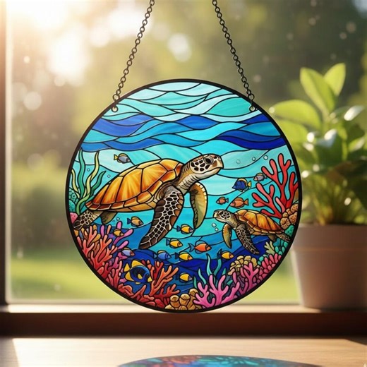 Ocean Sea Turtle Stained Glass Suncatcher, Coral Reef & Tropical Fish Window Hanging, Marine Life Wall Art, Gift for Ocean Lovers - Etsy