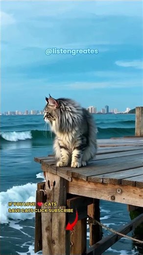 Shivering Long-Haired Cat on Collapsing Pier During Violent Waves #catvideos