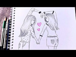 Cum să desenezi cele mai bune prietene/ BFF desen ușor / Desen pentru fete/ Schiță creion pas cu pas
