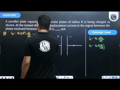 A parallel plate capacitor with circular plates of radius R is being charged as shown. At the in....