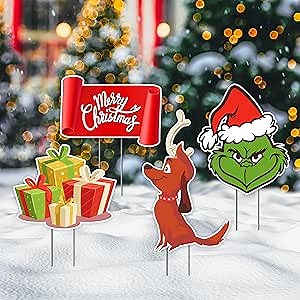 Grinch Christmas Decorations with Stakes - Grinch Decorations Outdoor - Max Grinch Christmas Outdoor Decor - Grinch Christmas Yard Signs 4 Pack