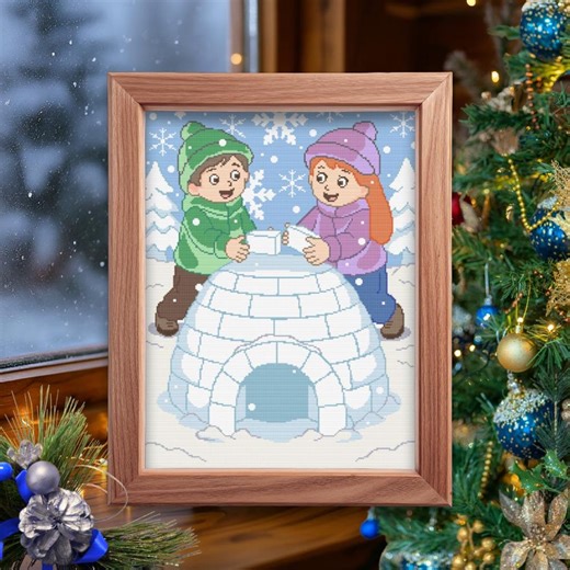 Children Building an Igloo Cross Stitch Pattern in PDF - Christmas Digital Cross Stitch Pattern - Etsy UK