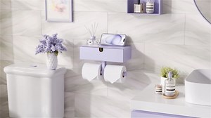 Tindbea Toilet Paper Holder with Storage - Stainless Steel Wall Mounted Toilet Paper Holder with Shelf, Flushable Wipes Holer Dispenser, Tampon Storage for Bathroom, Double Tissue Roll Holder, Purple