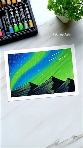 🌌 Easy Northern Lights Mountain Drawing | Oil Pastel Art #Shorts