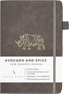 Avocado & Spice Squared Note Book - A5 Hardcover Notebook Journal - Graph Paper in Faux Leather Notebook - PU Leather Journal, 200 Thick Cream Pages (Gray, Squared)