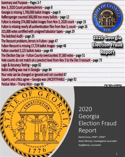 https://t.co/s1ZMl6iyNc Georgia 2020 Election Fraud Report by David Cross, Kevin Moncla, and Dog&Bone. - Georgia missing 1,700,000 ballot images - Raffensperger counted 300,00 too many ballots - Fulton County missing 374,000 ballot images 11/3 - Fulton County missing nearly all authentication files - 315,000 votes certified w/unsigned tabulator tapes - Botched audit - Recount/errors in Fulton County - Fulton County recount missing 17, 724 ballot images - Fulton County counted 3,125 ballots 2x - 