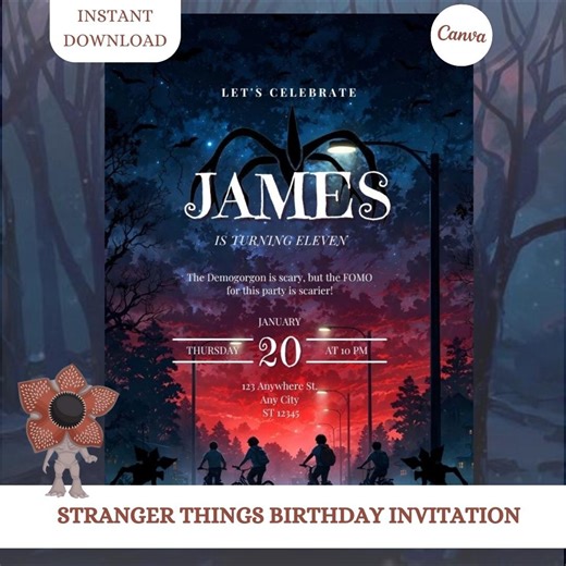 Stranger Things Birthday Invitation for Kids, Demogorgon Upside Down Party Digital Invitation, Editable Canva Template, Instant Download - Etsy