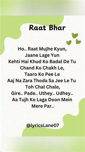 Raat Bhar lyrics ❤️|#AdityaRikhari #PayalDev #RaatBhar #LoveSong #RomanticSong #NewHindiSong