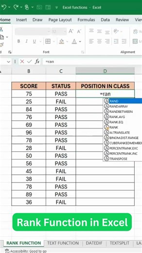 Rank Function in Excel #excel