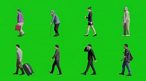 Collection Side View of Walking People Businessman and Senior Women 3D Animation Rendering on Green Screen Background Chroma Key