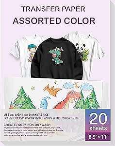 Heat Transfer Paper for Inkjet & LaserJet Printer (20 Sheets 8.5"x11", 10 Light+10 Dark), Wash Durable, Long Lasting Printable HTV Infusible Ink Transfer Sheets, Vinyl Iron on Fabric Printer Paper