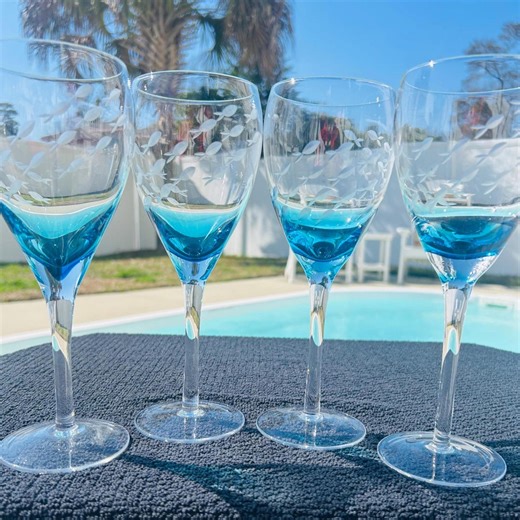 Etched Tropical Fish Blue Clear Wine Glasses, Set of 4 - Etsy