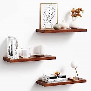 Floating Shelves for Wall, Walnut Wood Wall Shelf Set of 3, 16" Wall Mounted Floating Shelf for Kitchen, Living Room, Bedroom, Bathroom Storage, Book Shelf for Wall Home Decor, Frame Display