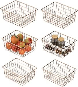 Wire Storage Basket, Packism 6 Pack Metal Household Storage Organizer Bin for Pantry, Shelf, Freezer, Kitchen Cabinet, Bathroom, Small, Rose Gold…