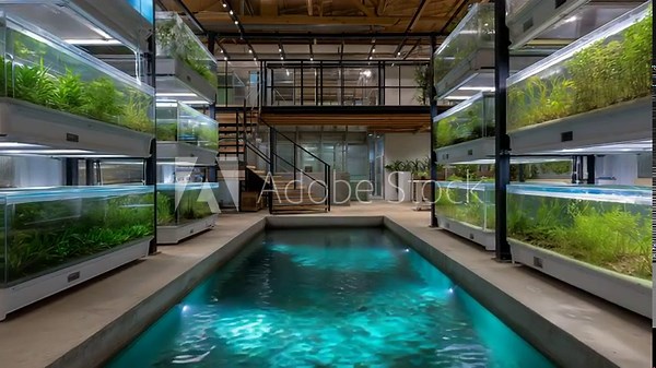 A large indoor pool with a green light on the bottom. Overview vertical aquaponics farm with tall hydroponic racks and clear water fish tanks underneath, clean futuristic green-blue