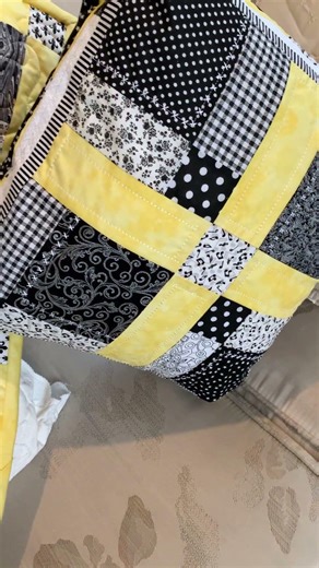 Black, white and yellow lap quilt, table runner and designer pillow.