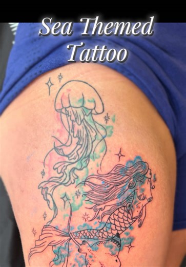 Sea Life themed tattoo! Jellyfish by another artist! Mermaid and ray by me! Done using @Ez cartridge uk . Finished using @TATTOO SPRAY #tattoo #sealife #mermaid #sealifetattoo #mermaidtattoo
