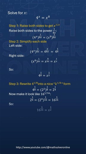 Exponential Math Solve 4^x = x^8 in Seconds #math