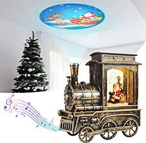 Lighted Snow Globe Train Musical Box Gift for Kids Women, Lantern Train with Projector Water Snowing Glittering Lantern with Timer USB & Battery Operated