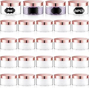 Dandat 24 Pcs 8 oz Plastic Jar Container with Lid and Label Refillable Empty Round Clear with Rose Gold Pet Cosmetic Sample Slime Containers for Lotion, Cream, Ointments, Body Butter, Travel Storage