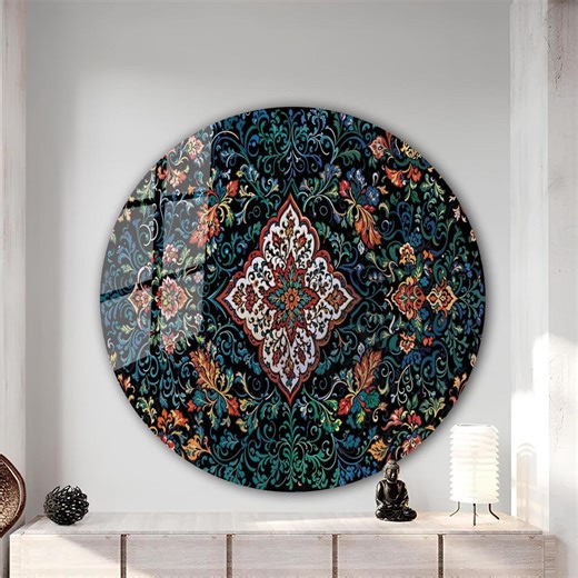 Turkish Tile Tempered Glass Wall Art | Round Ethnic Mandala - Etsy