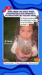 Niña besa sapo esperando que se convirtiera en príncipe Una usuaria de TikTok hizo viral a su pequeña ahijada, al publicar un video en el que se ve a la niña besando a un sapo. La usuaria @tatiana_ferrante compartió un video en el que se lee: “Mi ahijada perdió todas las esperanzas, el sapo no se convirtió en príncipe”. Las imágenes muestran a la niña sosteniendo el sapo con mucha ilusión y luego besó los labios del batracio. Luego de unos segundos, en los que no se produce la esperada transform